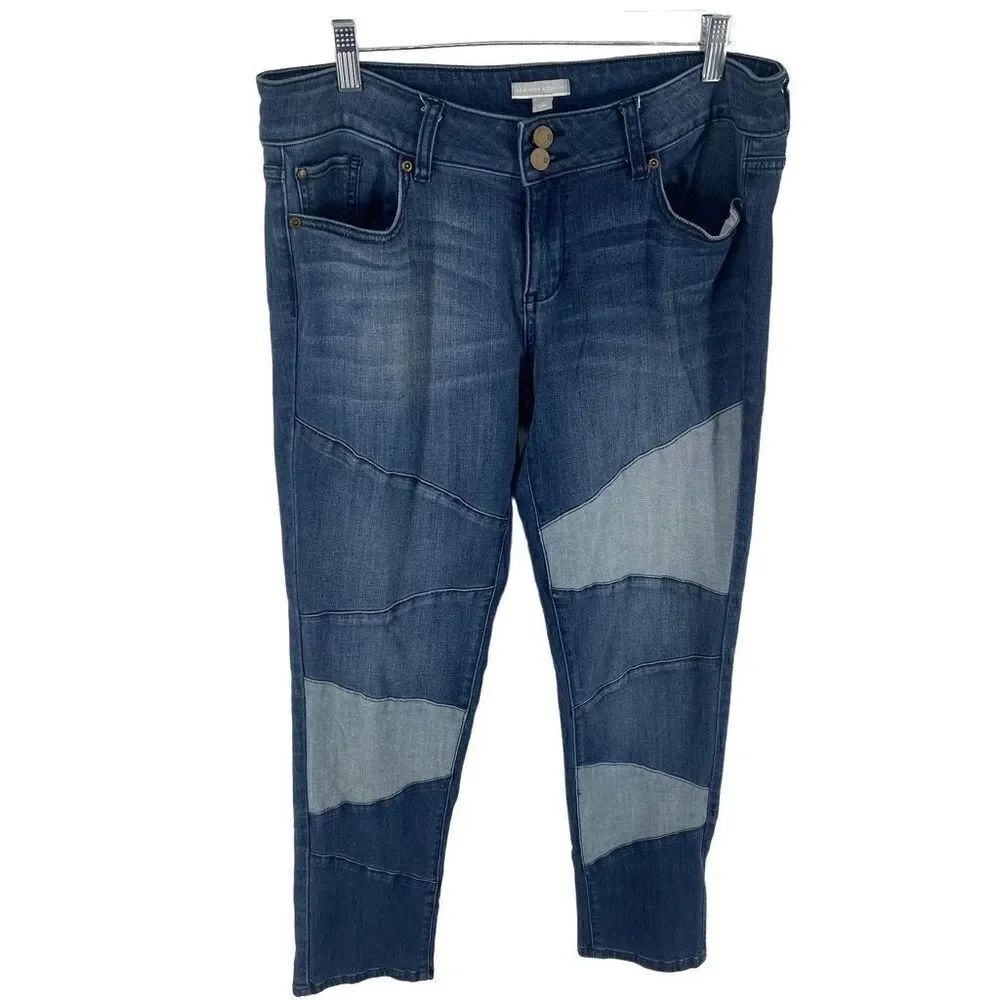 New York & Company patchwork boho stretch skinny jeans denim 10 EUC